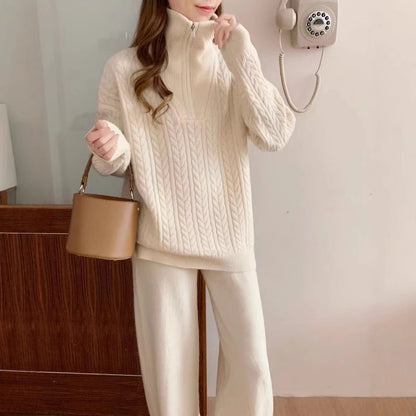 VLOVELAW Cross-border twist half-zipper lapel pullover sweater women's New autumn and winter new loose-knit casual pants two-piece set