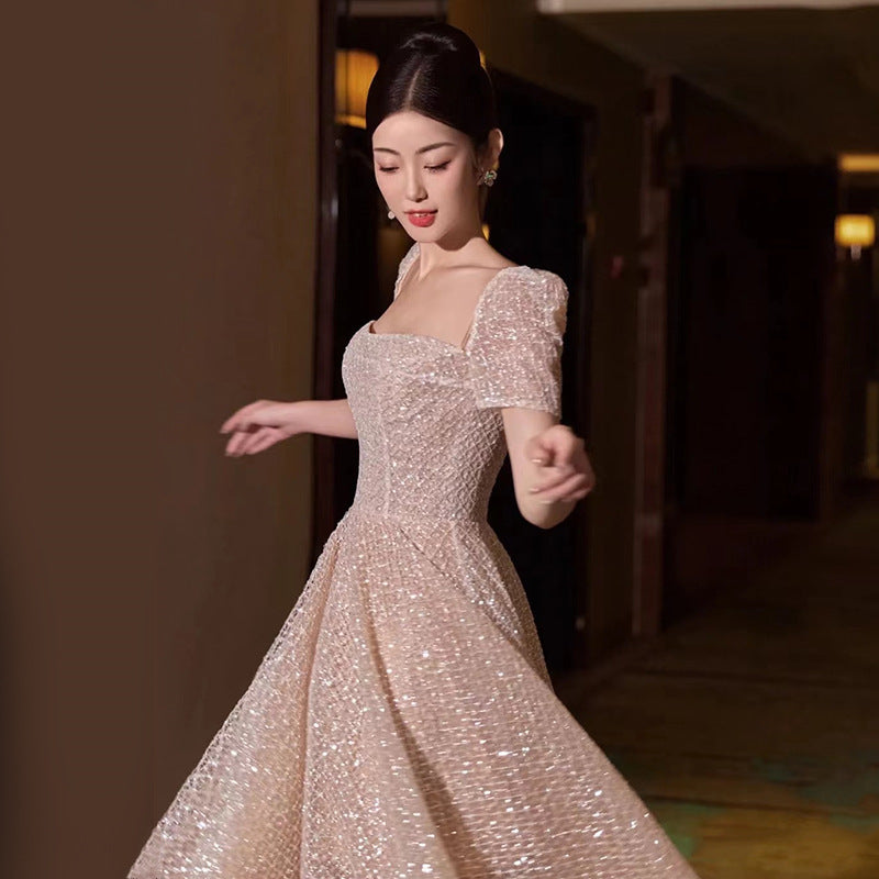 2025 Banquet evening dress  new bridal temperament super fairy fine flash out the door yarn slim and thin small trailing dress skirt