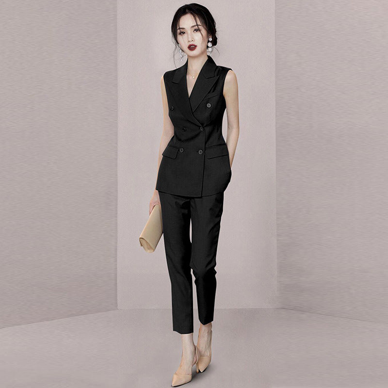 summer new dark blue double-breasted suit collar sleeveless vest professional women's nine-point pants suit suit women