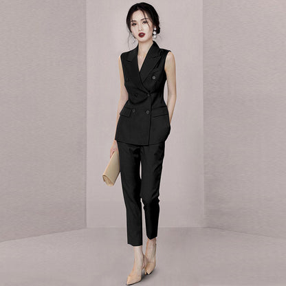 summer new dark blue double-breasted suit collar sleeveless vest professional women's nine-point pants suit suit women