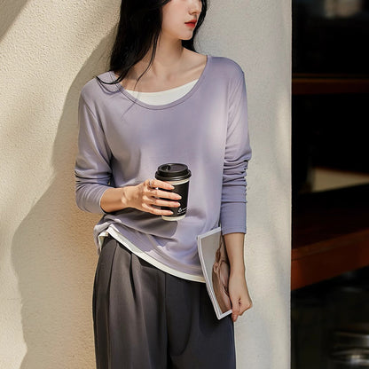 direct sales fake two-piece round neck long-sleeved T-shirt women's popular summer new casual simple splicing contrasting top