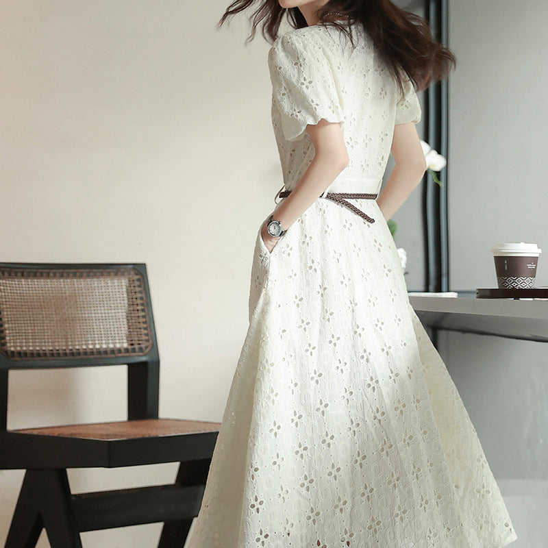 2025 Design Sense Heavy Industry Embroidery Dress White Hollow Embroidery Skirt Temperament Pure Cotton Long Dress  Summer Women's Clothing