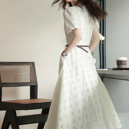 2025 Design Sense Heavy Industry Embroidery Dress White Hollow Embroidery Skirt Temperament Pure Cotton Long Dress  Summer Women's Clothing