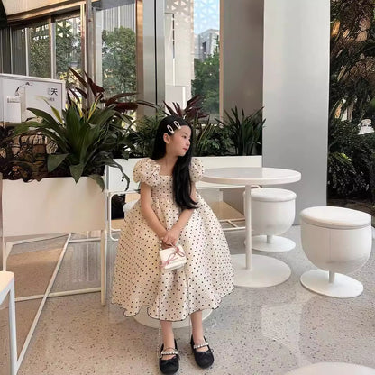 VLOVELAW Girls Dress  Summer Advanced Pearl Puff Sleeve Polka Dot Formal Dress Birthday Dress 61 Princess Skirt