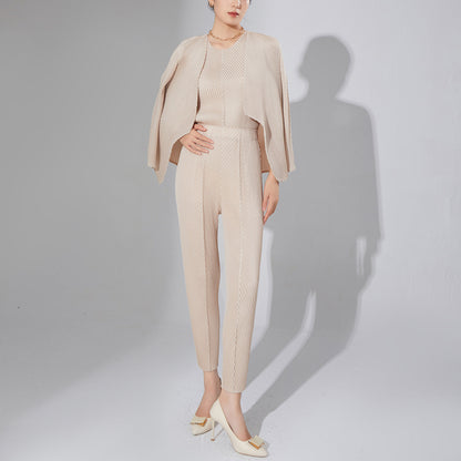 2025 style pleated women's fashion suit, high-end design sense niche cardigan jacket casual pants two-piece set