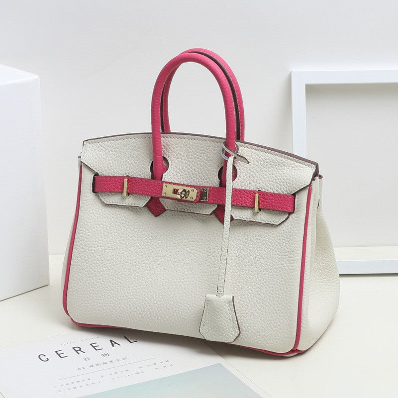 VLOVELAW 2025 Contrast color leather platinum bag lychee pattern first layer cowhide large capacity handbag fashion color matching shoulder messenger bag women