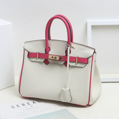 VLOVELAW 2025 Contrast color leather platinum bag lychee pattern first layer cowhide large capacity handbag fashion color matching shoulder messenger bag women