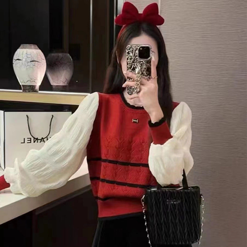 VLOVELAW sweet and spicy top Korean version fake two-piece striped knitted sweater women's fashion round neck short yarn sleeves look thin