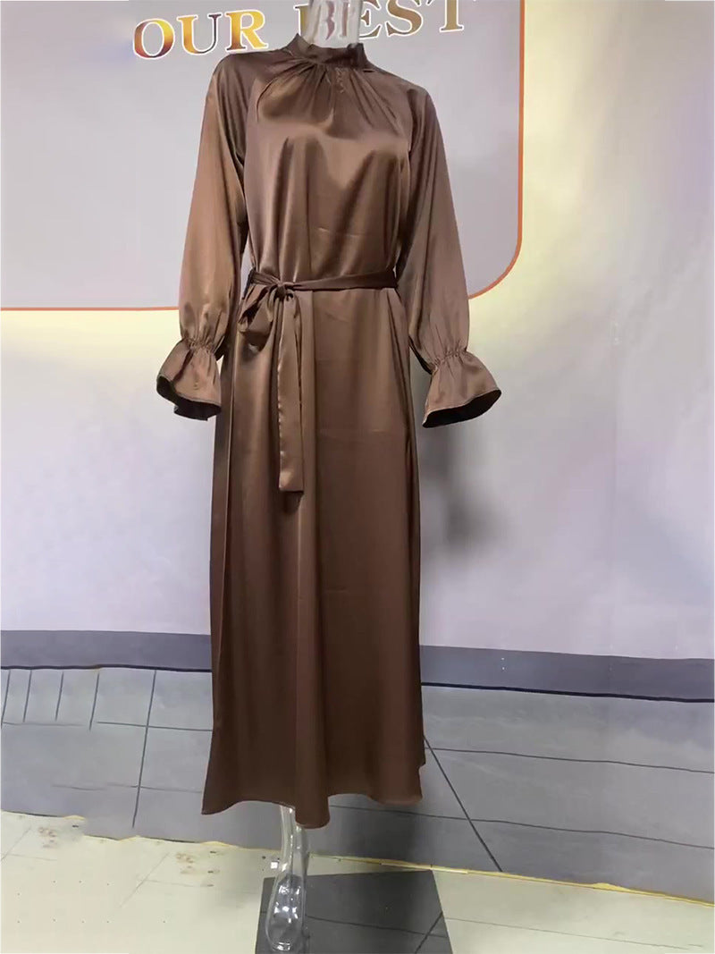VLOVELAW Cross-Border European and American  Autumn New  Solid Color Satin Long Sleeve Loose Dress Belt Women's Clothing