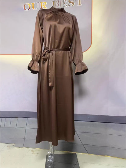 VLOVELAW Cross-Border European and American  Autumn New  Solid Color Satin Long Sleeve Loose Dress Belt Women's Clothing