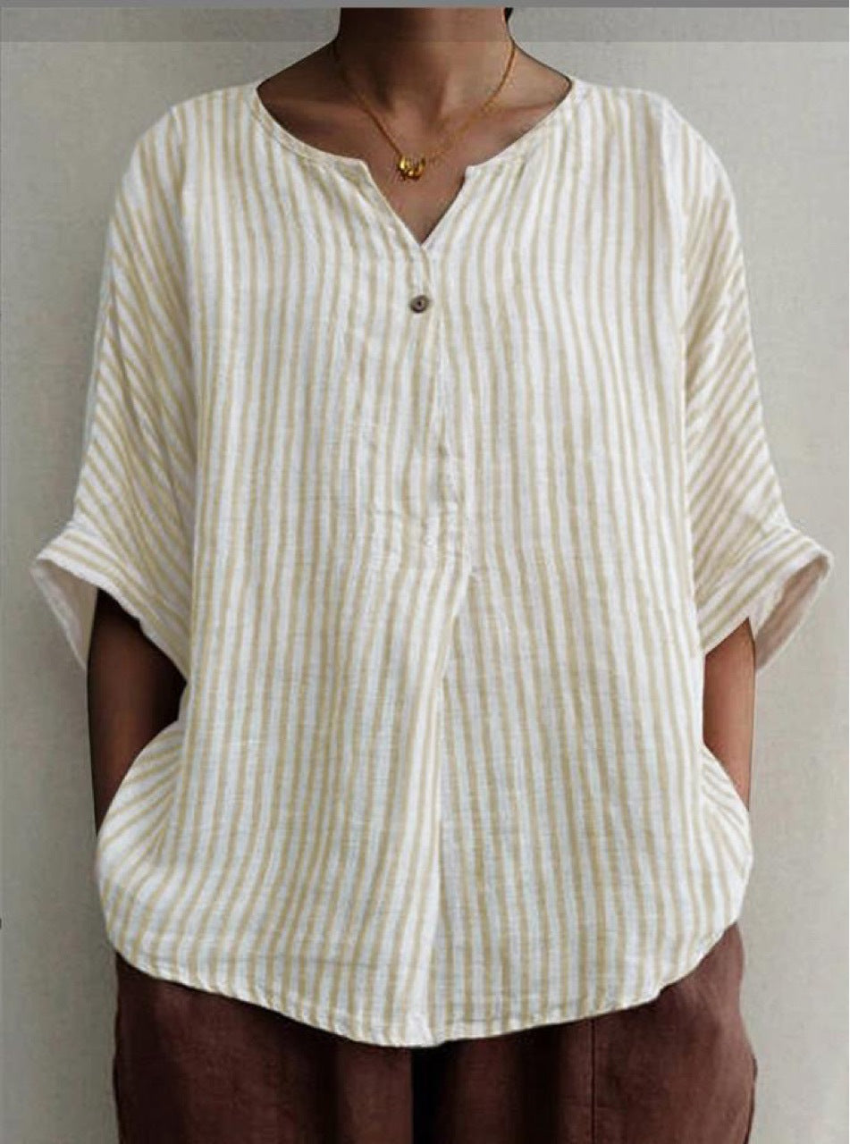 VLOVELAW  New V-neck Striped Loose Short-Sleeved Cotton and Linen Shirt Leisure Artistic Versatile Top in Stock