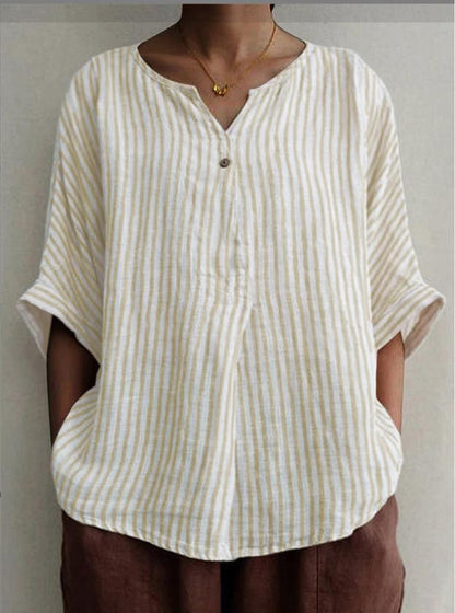 VLOVELAW  New V-neck Striped Loose Short-Sleeved Cotton and Linen Shirt Leisure Artistic Versatile Top in Stock