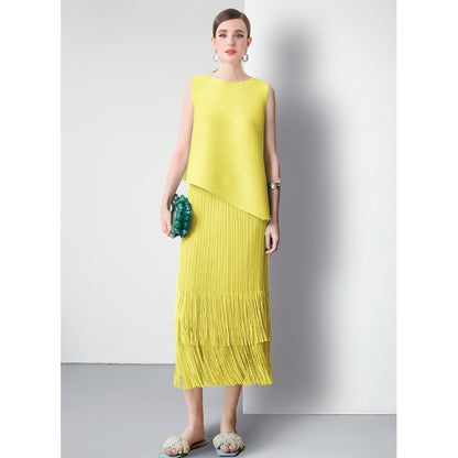 Miyake fashion pleated suit women's summer style Popular style sweet irregular vest top fringed skirt two-piece set