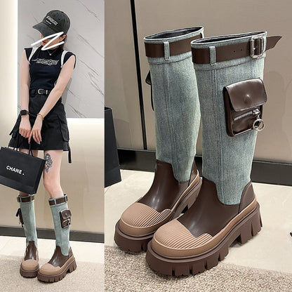 Coarse heel cowboy boots women's popular new western metal buckle versatile thick-soled round head mid-tube boots