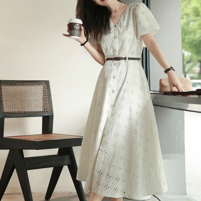 2025 Design Sense Heavy Industry Embroidery Dress White Hollow Embroidery Skirt Temperament Pure Cotton Long Dress  Summer Women's Clothing
