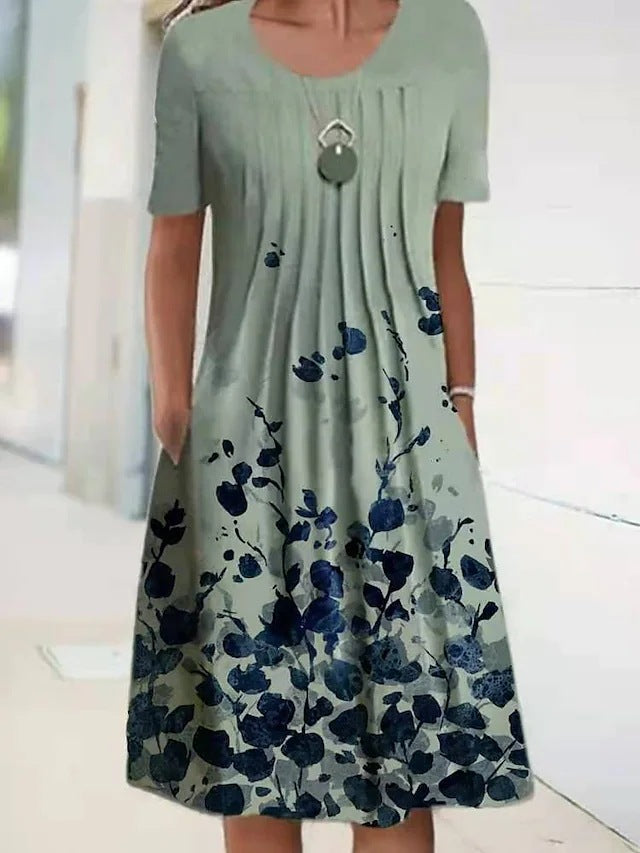 VLOVELAW Cross-Border Foreign Trade    Wish Spring/Summer Floral Print round Neck Pullover Mid-Length Dress Women
