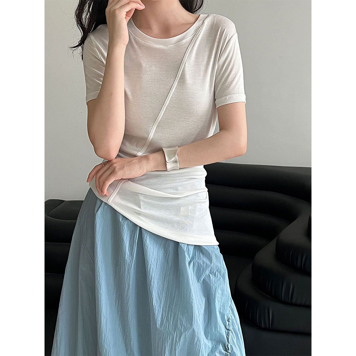 Luxi high elastic and thin~ Design sense irregular slim short sleeve women's summer light and thin Lyocell Tencel T-shirt 2687