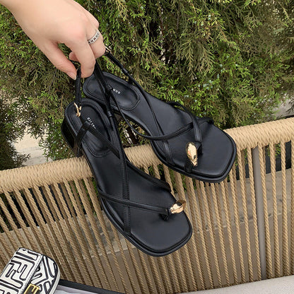 VLOVELAW  Women's Chunky Heel Temperament Fairy Style Thin Strap Sandals  New Summer Internet Celebrity Buckle Flip Toe Roman Shoes