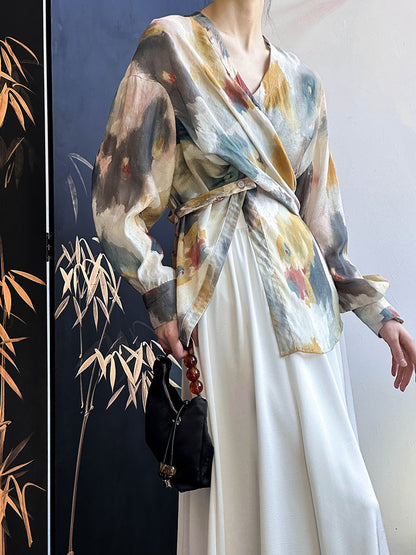 2025 Tachibana, spring new  retro smudge long-sleeved shirt women's design irregular top 1593