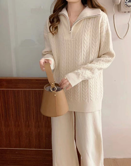 VLOVELAW Cross-border twist half-zipper lapel pullover sweater women's New autumn and winter new loose-knit casual pants two-piece set