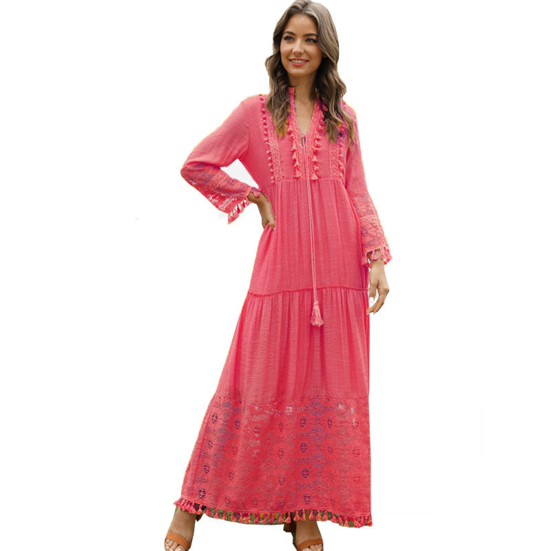 VLOVELAW Spring and Summer European and American Long Dress Bohemian Style V-neck Lace Tassel Stitching Beach Vacation Temperament Dress