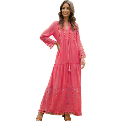 VLOVELAW Spring and Summer European and American Long Dress Bohemian Style V-neck Lace Tassel Stitching Beach Vacation Temperament Dress
