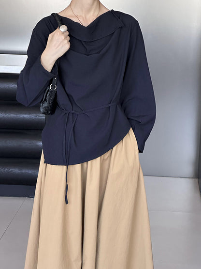 2025 Tachibana spring new lazy wind lace-up simple loose versatile pile collar temperament shirt women 59959