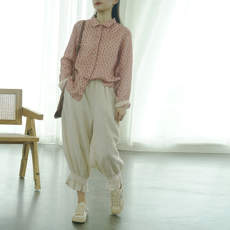 casual and literary early autumn floral lapel ramie shirt, retro nostalgic classic thin top S22272
