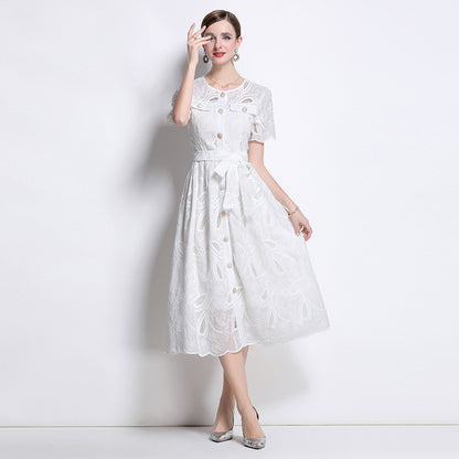 Summer  retro heavy industry hollow embroidery round neck waist short sleeve dress women's thin single-breasted long skirt