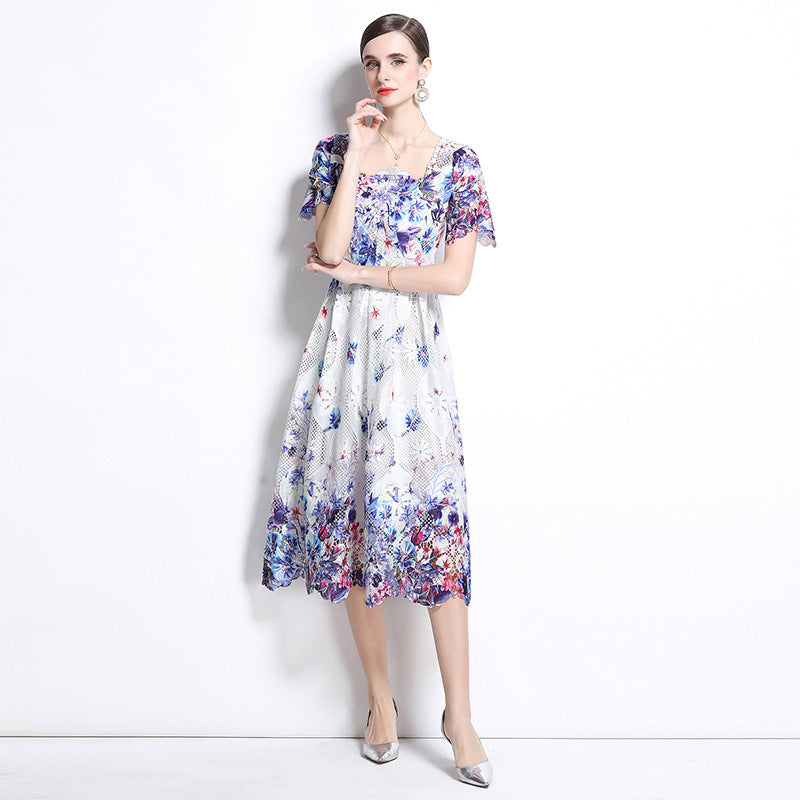 Medium and long hollow water-soluble lace dress women's short-sleeved spring and summer  new slim-fit temperament high-end skirt