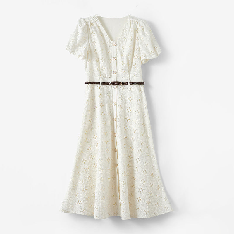 2025 Design Sense Heavy Industry Embroidery Dress White Hollow Embroidery Skirt Temperament Pure Cotton Long Dress  Summer Women's Clothing