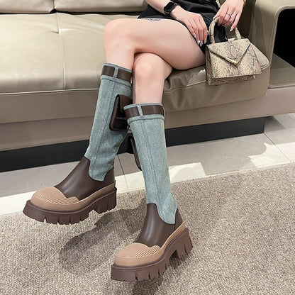 Coarse heel cowboy boots women's popular new western metal buckle versatile thick-soled round head mid-tube boots