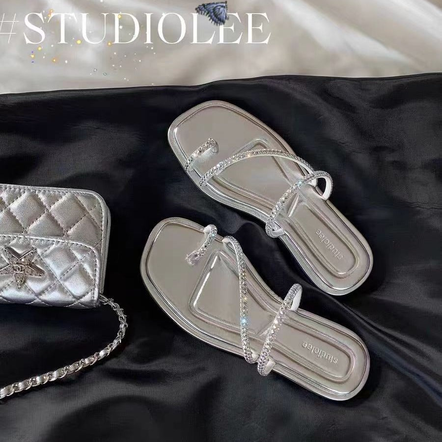 VLOVELAW  Sheepskin Version ~ Grape Mom Same Style Sparkling Rhinestones Toe Covering Exquisite Fairy Style Flat Sandals Women's Half Slippers Summer 2025