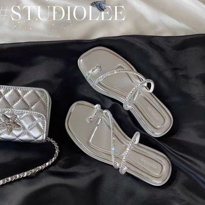 VLOVELAW  Sheepskin Version ~ Grape Mom Same Style Sparkling Rhinestones Toe Covering Exquisite Fairy Style Flat Sandals Women's Half Slippers Summer 2025