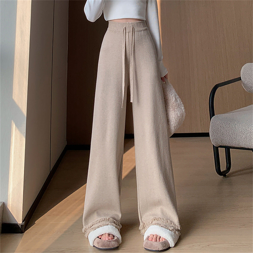VLOVELAW Knitted fringed wide-leg pants women's New autumn and winter new high-waisted casual straight-leg pants soft waxy mopping long pants