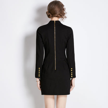 Black dress long sleeve  new autumn dress double breasted commuting temperament Korean version thin suit skirt