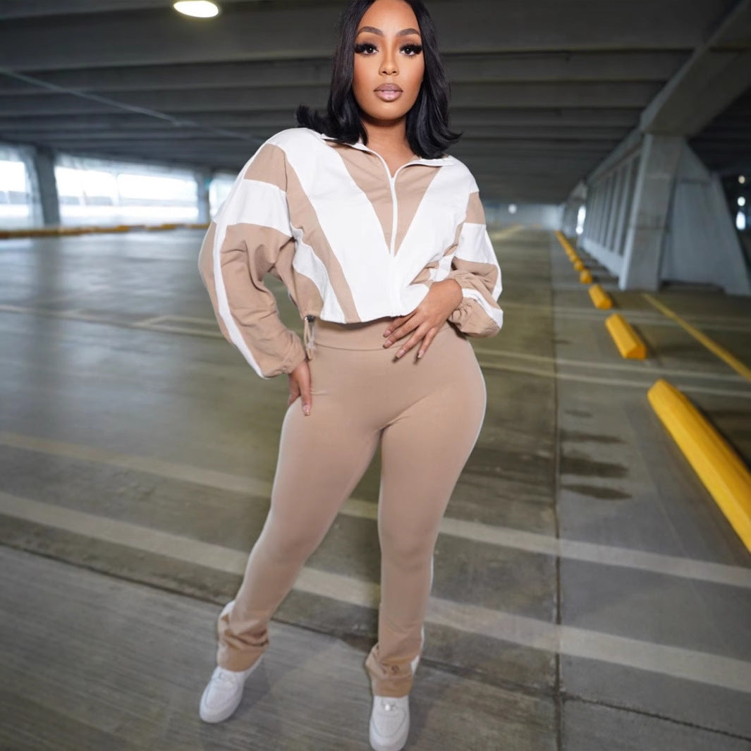 New explosion, Popular trade loose leisure street trend contrasting color zipper jacket trousers sports style suit women