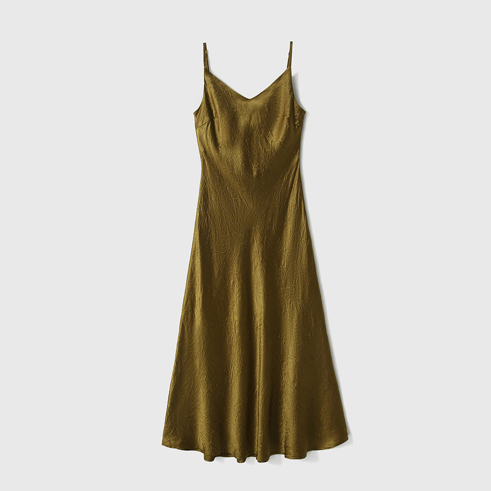 2025 Anti-wrinkle texture satin, acetic acid suspender dress, high-end temperament long dress, summer women's skirt new