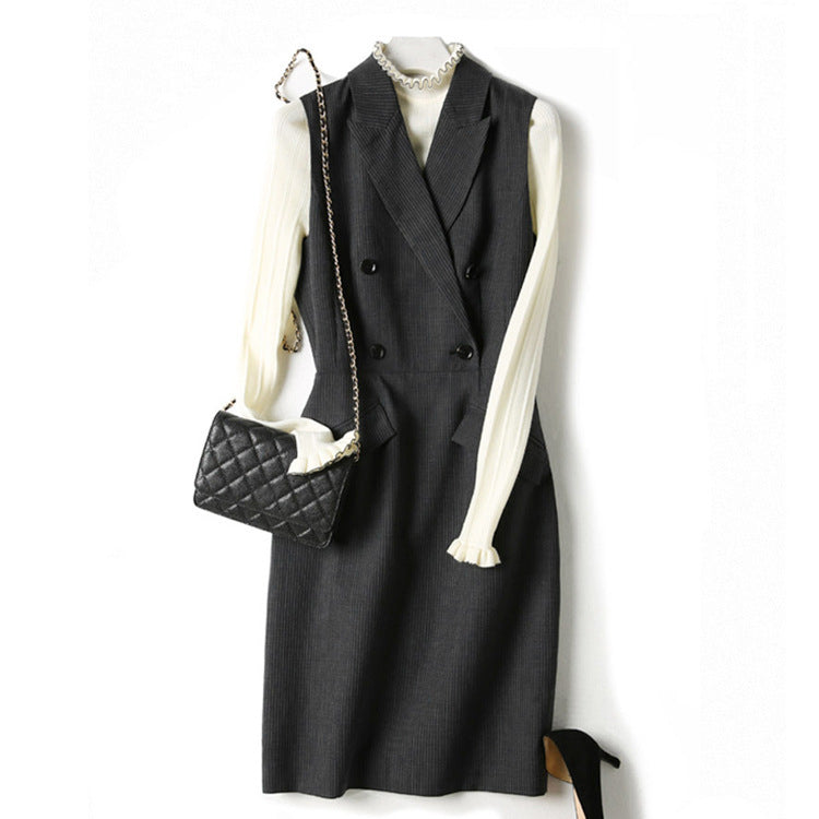 2025 Wool striped vest suit skirt  new dress women's clothing, double-breasted skirt with a sense of design