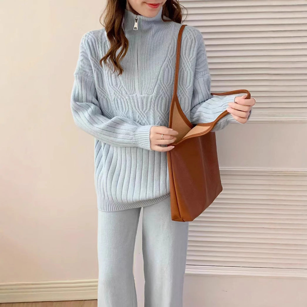 VLOVELAW Fashion high-end sweater set for women's autumn and winter lazy style zipper stand-up neck knitted sweater high-waisted wide-leg pants two-piece set