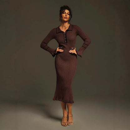 new  New Popular trade skirt women's clothing Spice Girl single-breasted long-sleeved knitted fishtail skirt dress women