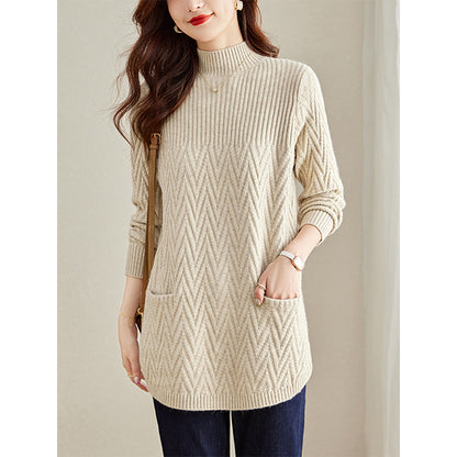 The official website picture direct sales small sweater women's butt covering thickened winter semi-turtleneck medium and long bottoming shirt