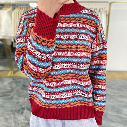 Official website direct sales thickened semi-turtleneck striped knitted sweater bottoming shirt autumn and winter new sweater inside and outside
