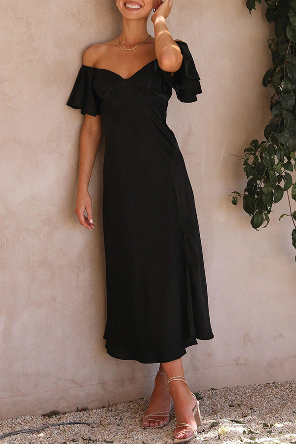 VLOVELAW Foreign Trade Cross-Border Independent Station  Casual Women's Clothing Solid Color Satin Short Sleeve Sexy off-Neck Pleated Dress
