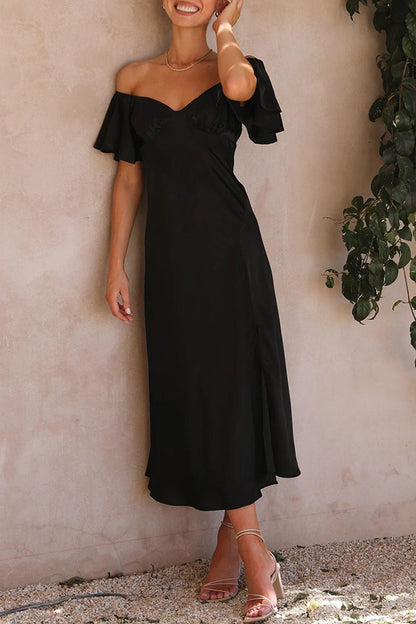 VLOVELAW Foreign Trade Cross-Border Independent Station  Casual Women's Clothing Solid Color Satin Short Sleeve Sexy off-Neck Pleated Dress
