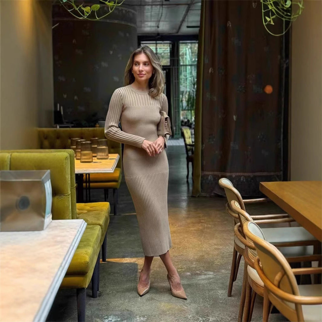 New  long-sleeved autumn and winter sweater skirt women's knitted round neck pit strip solid color tight dress women