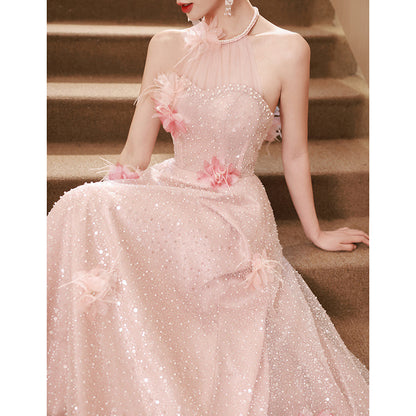 2025 Pink evening dress skirt  spring new neck high sense art test banquet long dress annual meeting party performance clothes