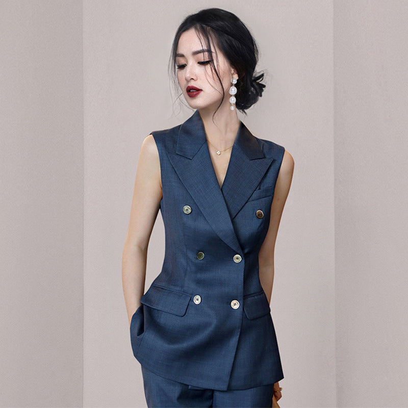 summer new dark blue double-breasted suit collar sleeveless vest professional women's nine-point pants suit suit women