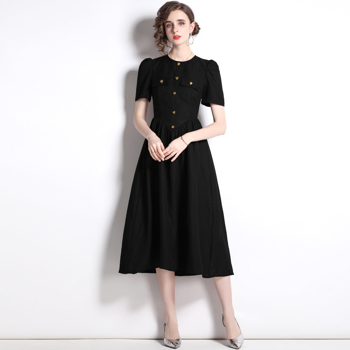 retro Hepburn style temperament waist dress women's summer  new coffee break  black skirt