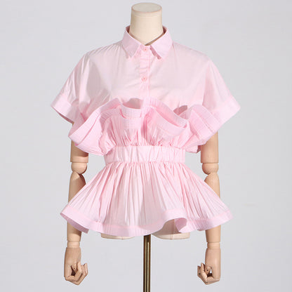 2025 spring new fashion lapel ruffle edge splicing design sense waist thin high-end short-sleeved shirt women